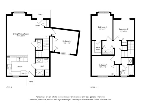 Floor plan for 4 beds, 2 baths, 1550 sqft